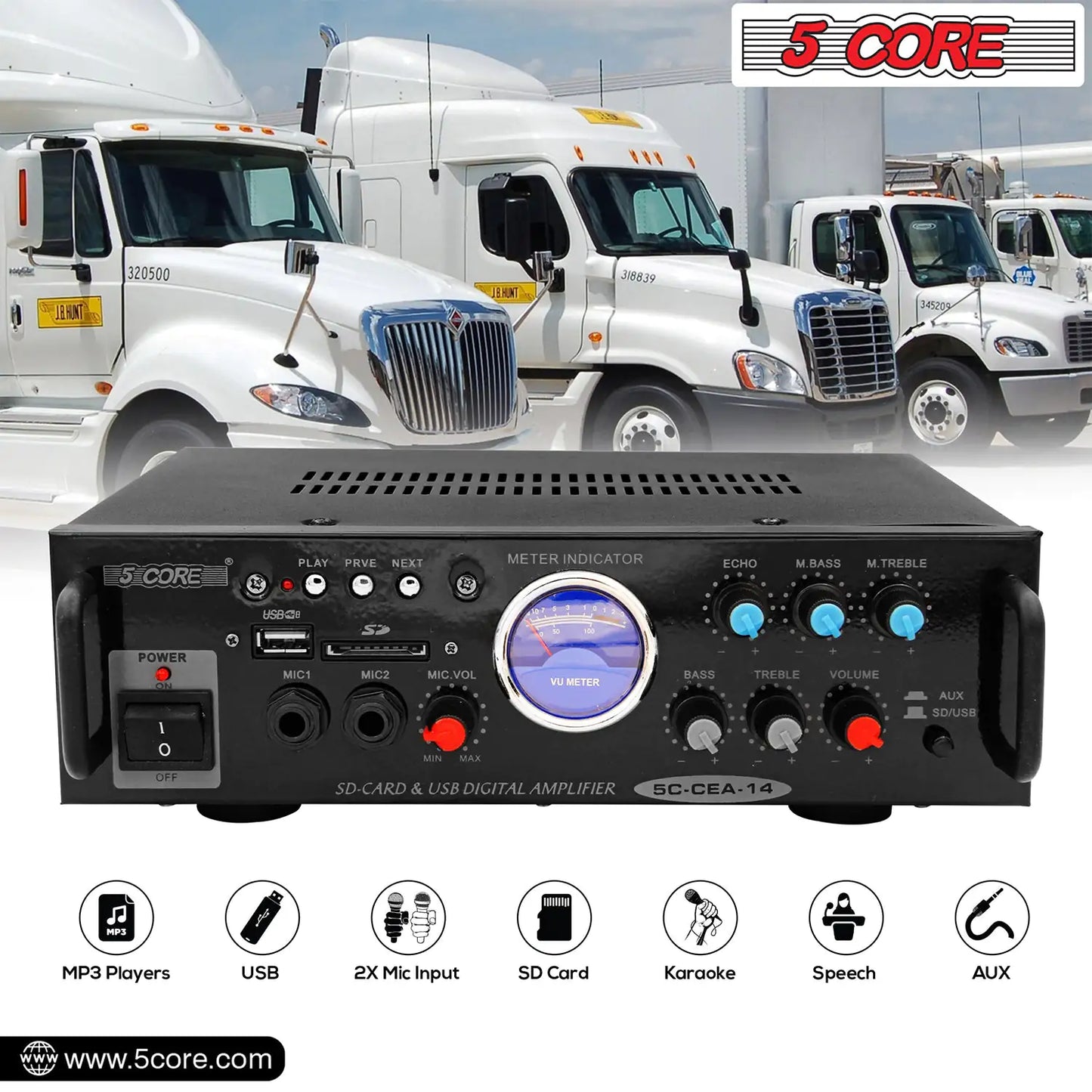 5Core Dual Channel Car Amplifier 300W Sub Woofer Speaker Receiver with USB + SD Card + 2 Mic