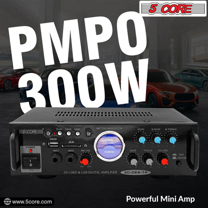 5Core Dual Channel Car Amplifier 300W Sub Woofer Speaker Receiver with USB + SD Card + 2 Mic