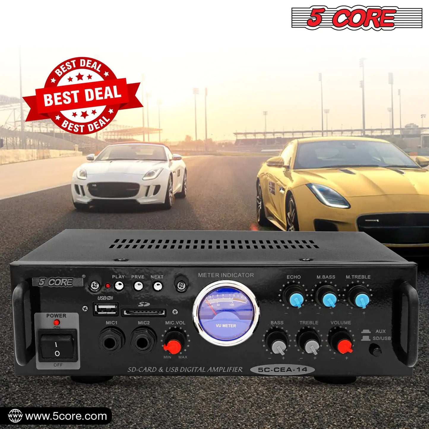 5Core Dual Channel Car Amplifier 300W Sub Woofer Speaker Receiver with USB + SD Card + 2 Mic