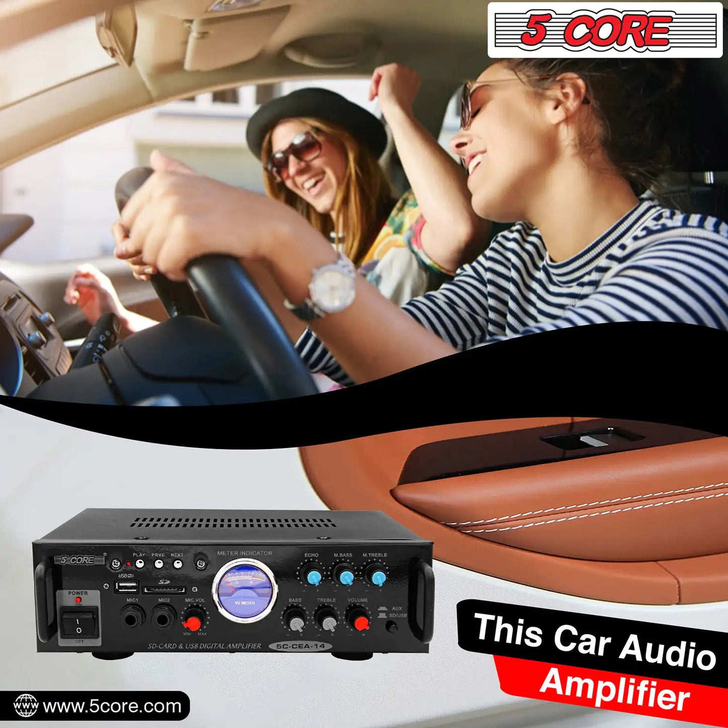 5Core Dual Channel Car Amplifier 300W Sub Woofer Speaker Receiver with USB + SD Card + 2 Mic